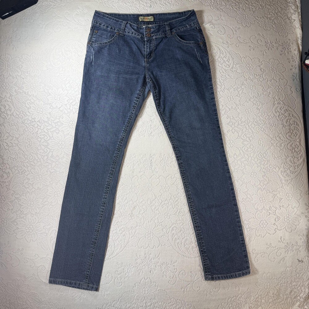 YMI Jeans Juniors 13 Blue Mid Rise Straight Embroidered Pockets Stretch Denim